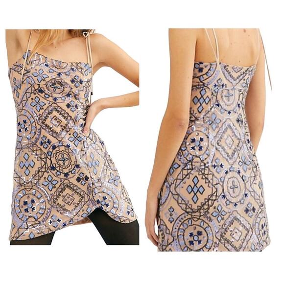 Free People Dress Show Mini Sequin Party Bodycon Lilac Blue Navy Nude 8 - Picture 1 of 8